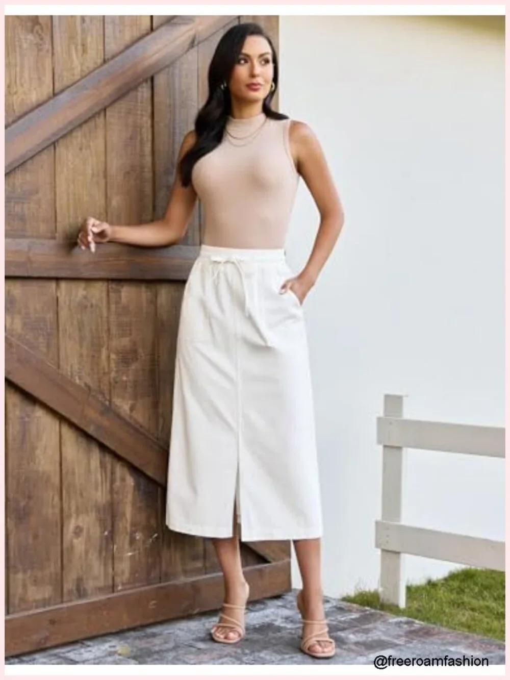 High Waisted Midi Denim Drawstring Elastic Waist Skirt with Pockets Front Slit